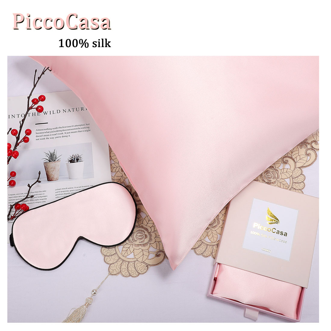 Unique Bargains 2-Pack Silk Pillowcase Eye Cover Set Pink King