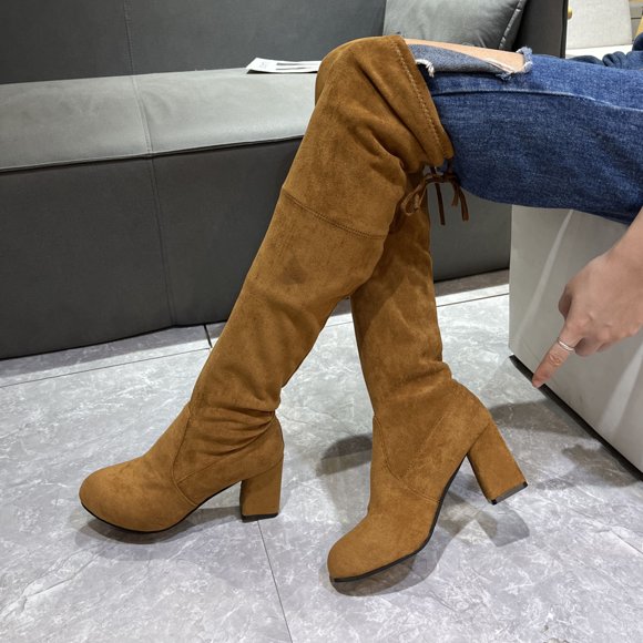 EGNMCR Winter Boots for Women And Winter Fashion Round Toe Chunky Heel Over-the-knee Boots Elastic Mid-heel Fashion Boots