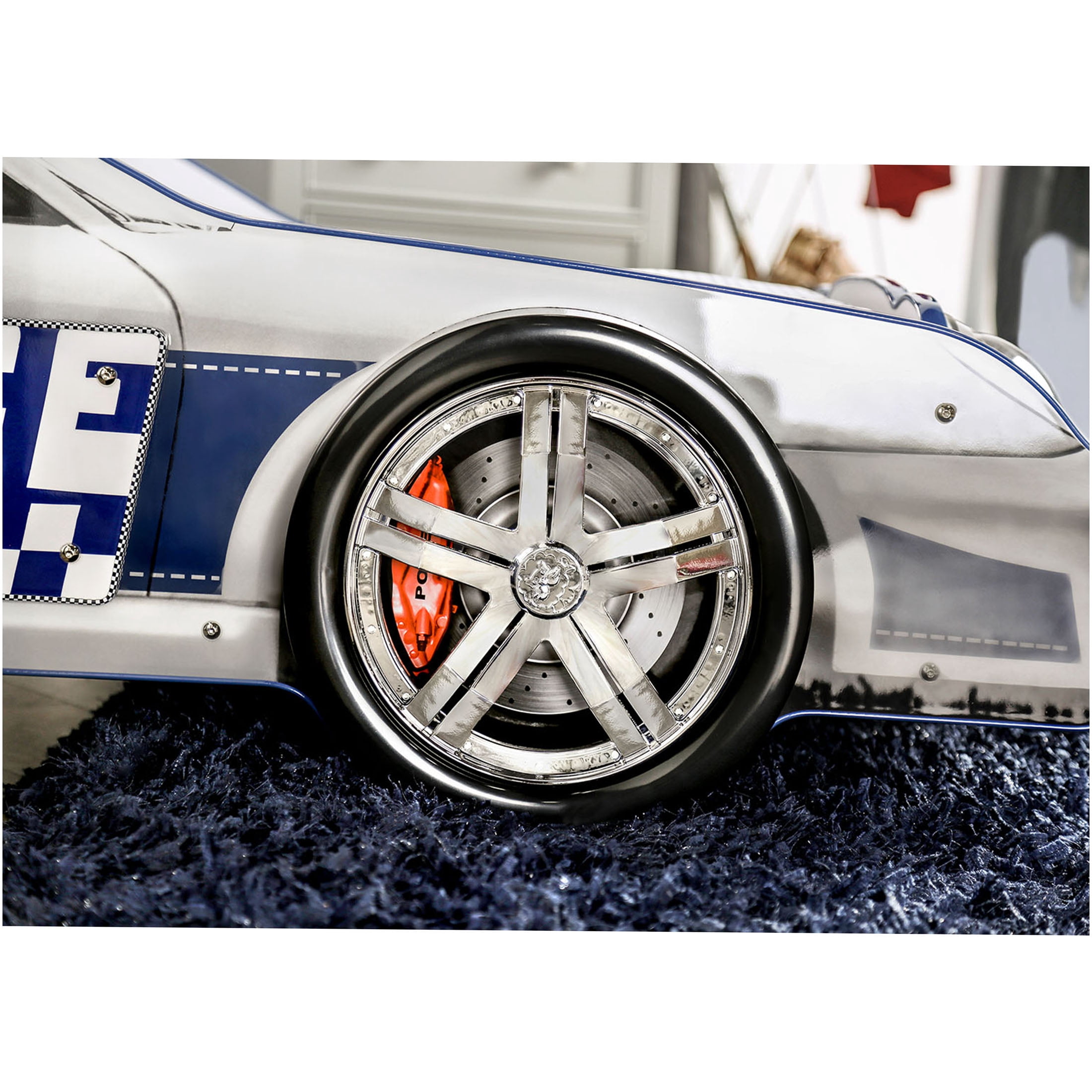 JERFIT Modern Police Car Twin Bed with LED Lights, High Gloss Finish Metal Frame Structure