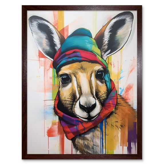 Kangaroo Wearing Colourful Winter Hat and Scarf Art Print Framed Poster Wall Decor 12x16 inch