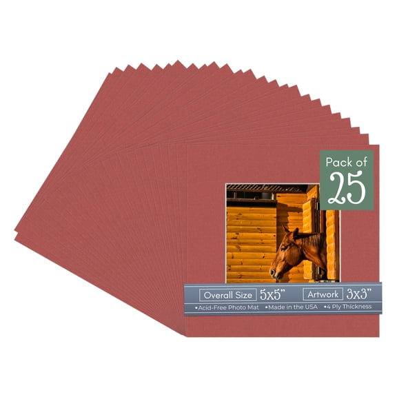 Brick Red Picture Frame Mat for 5x5 Inch Frames - Fits 3x3 Photos - 25 Mats