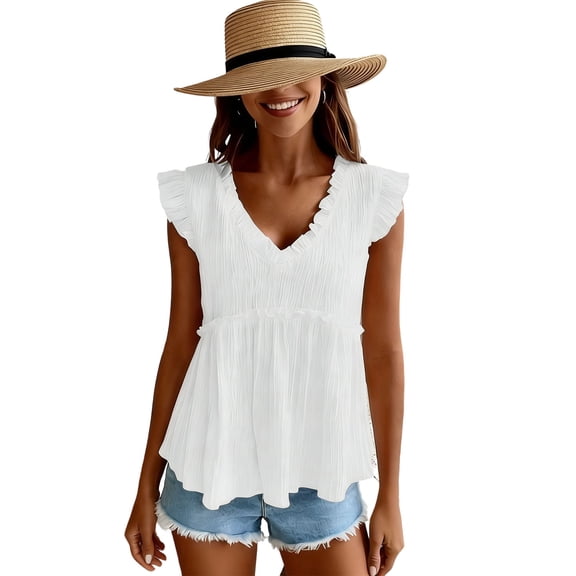 Women's Ruffle Tank Top - Ladies V Neck Sleeveless Tops for Beach Vacation Summer Tanks White