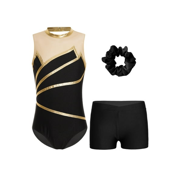 Jhaoyu Kids 3 Piece Gymnastics Outfit Dance Mesh Loetard Shiny Metallic Unitard and Athletic Booty Shorts Hair Tie Set Gold 10