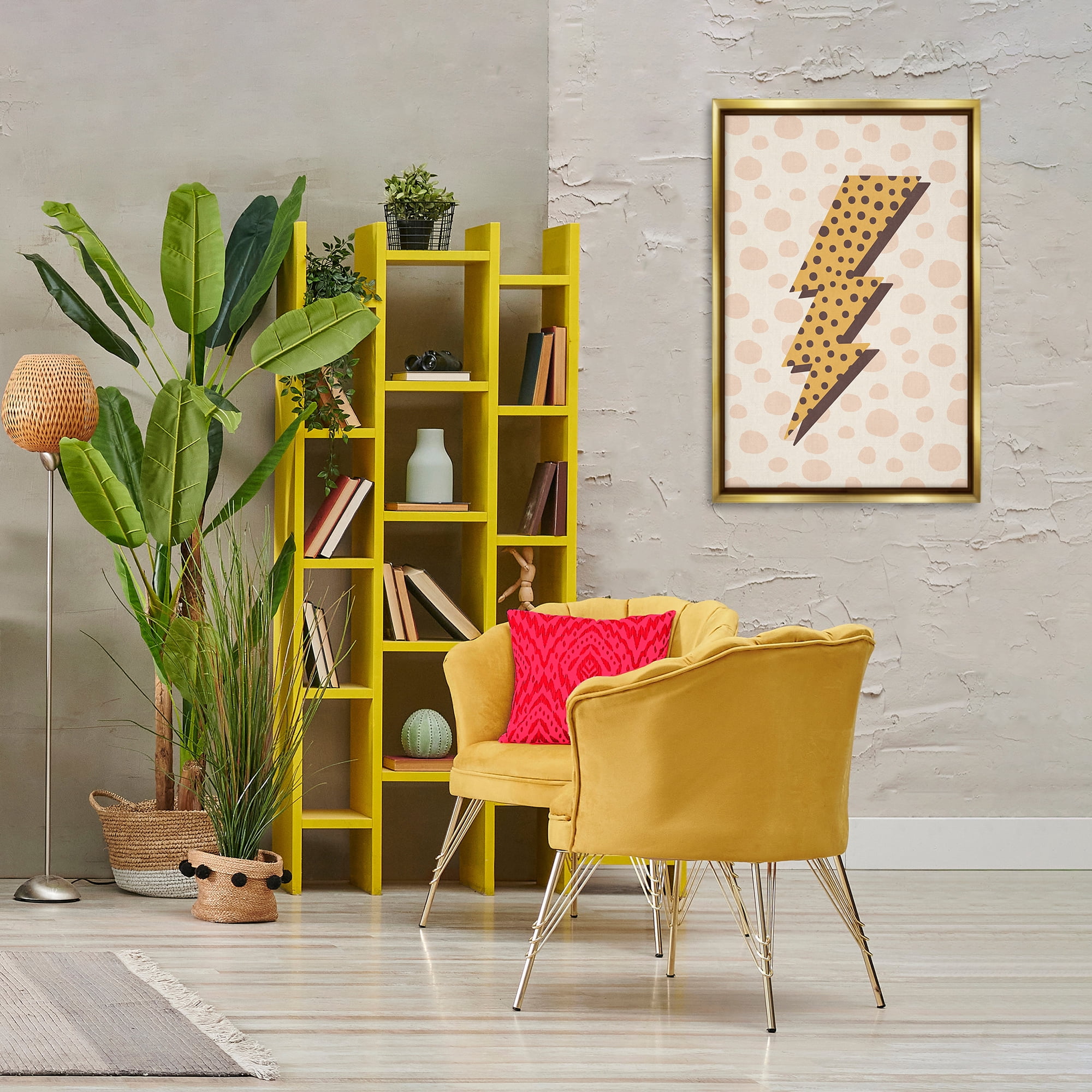 Stupell Industries Dotted Lightning Bolt Abstract Painting Gold Floater Framed Canvas Art Print Wall Art, 21 x 31