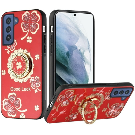 For Samsung Galaxy S21 Diamonds Bling Sparkly Glitter Ornaments Engraving with Ring Stand Holder Fashion Cover ,Xpm Phone Case [ Red Good Luck Floral ]