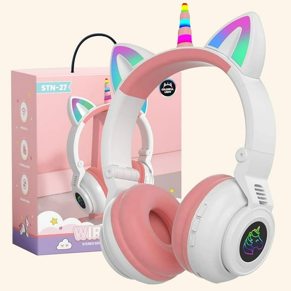 Unicorn Kids' Bluetooth Headphones,Foldable Wireless Headphones for Children with Cable and Microphone Earphones Volume Control,Unicorn-Inspired Gift Design for Birthday Gift & Christmas (white)
