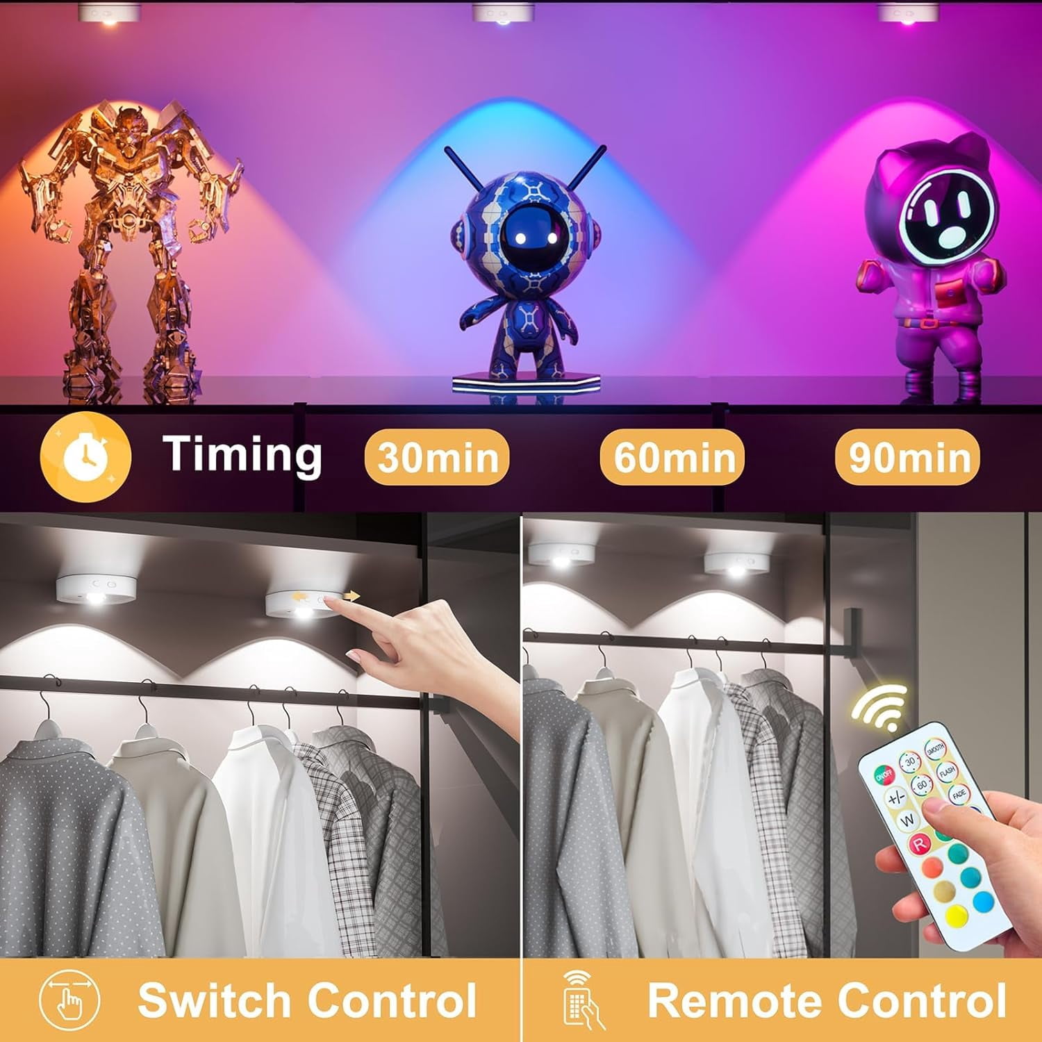 6 under Cabinet Lighting, LED Lights with Remote Control, RGB 13 Color Dimmable, Kitchen Night Light, Battery Powered Light for Kitchen, Wall, Closet, Cabinet, Staircase