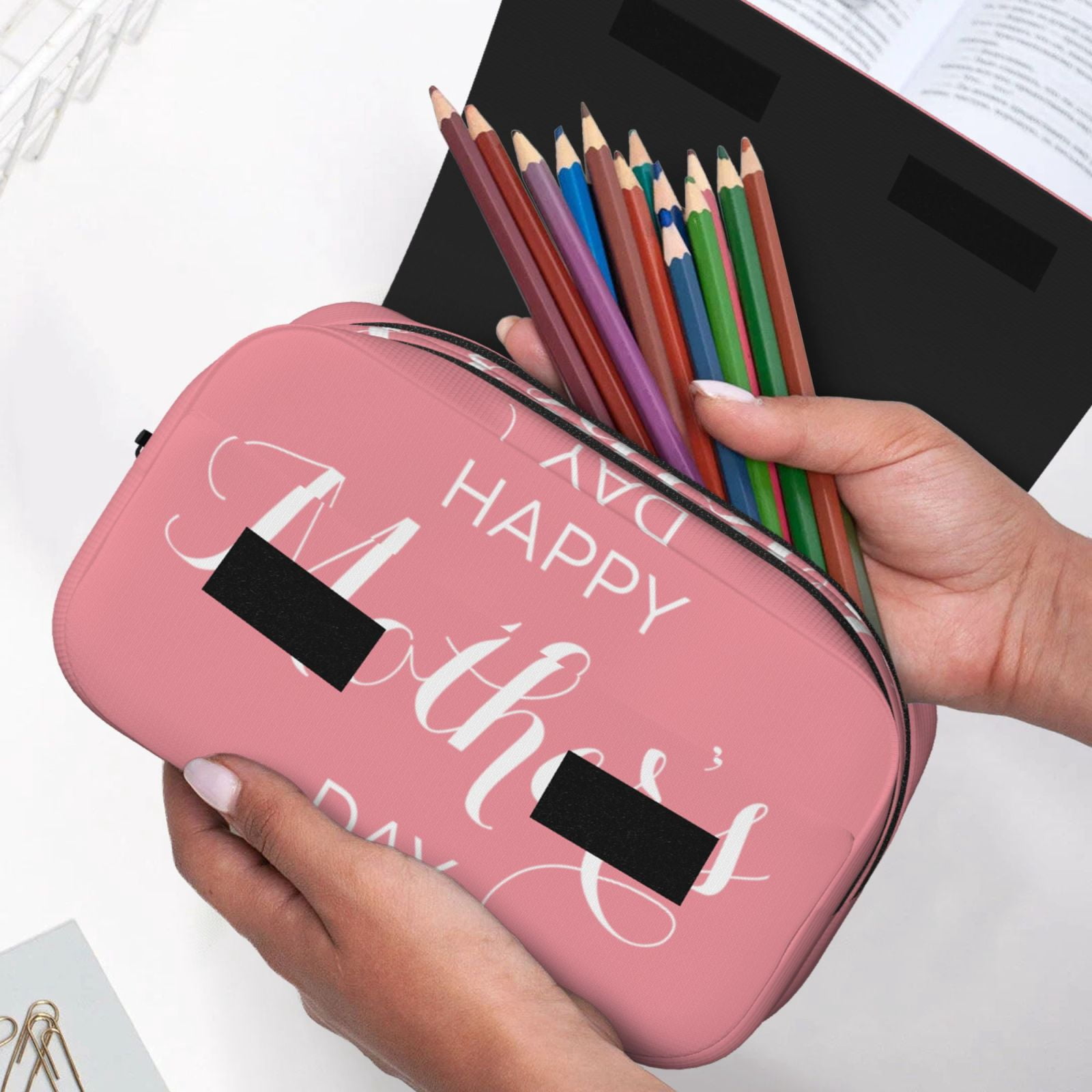 Rateoe Happy Mother's Day Pattern Double Clamshell Pen Case, Storage Organizer with Two Zipper Compartments– Holds Up to 50 Pencils & Pens