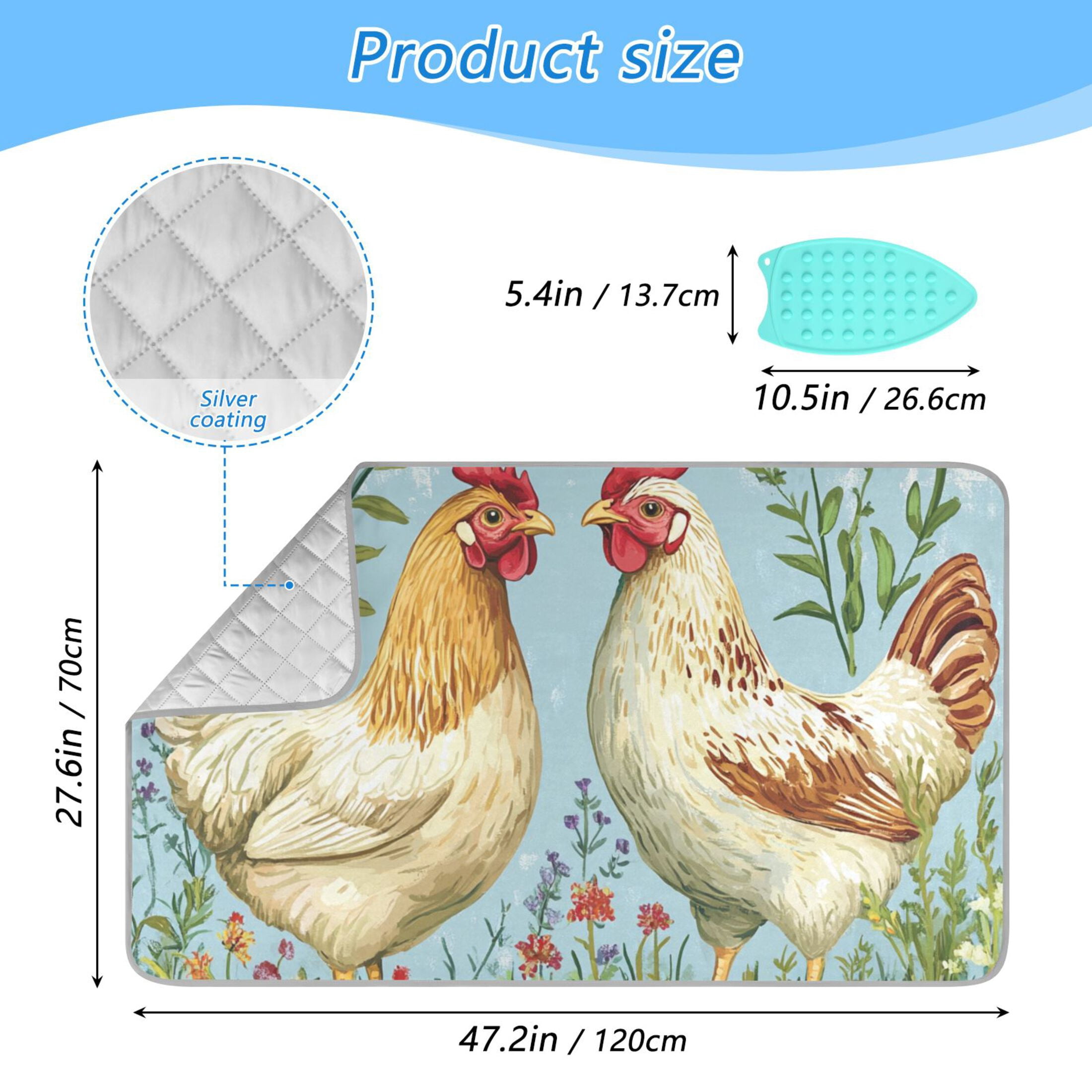 Two Chickens on Meadow Florals Ironing Mat Blanket Portable Travel Ironing Pad Heat Resistant Pad 47.2" x 27.6”