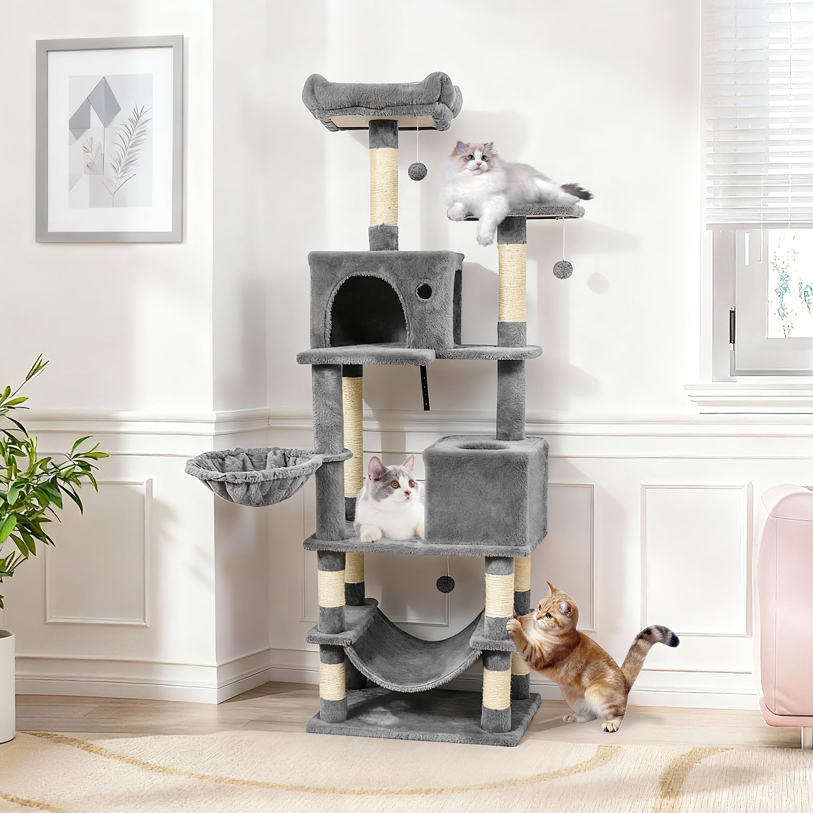 Gymax 66'' Tall Cat Tree w/2 Condos Sisal Scratching Posts Plush Perch Hammock Basket Light Gray