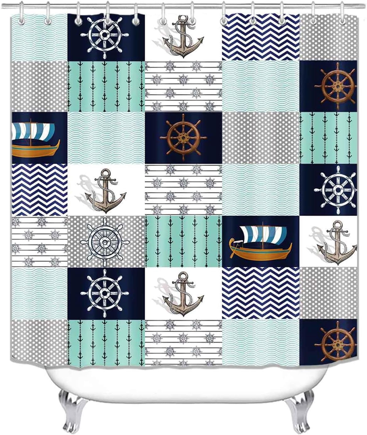 4PCS Red Anchor Shower Curtain Set, Waterproof Fabric Shower Curtain, Non-Slip Bath Mat Bathroom Rugs Navy Blue White Stripes Abstract Geometric Modern Navigation Ocean Nautical Bathroom Decor