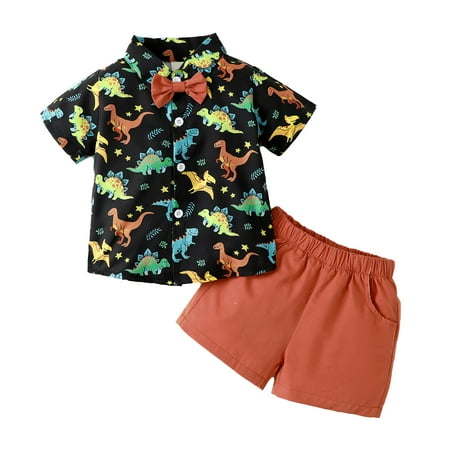 

Kucnuzki 18 Months Baby Boy Summer Outfits Shorts Sets 24 Months Short Sleeve Dinosaur Prints Lapel Shirt Tops Elastic Cozy Shorts 2PCS Set Black