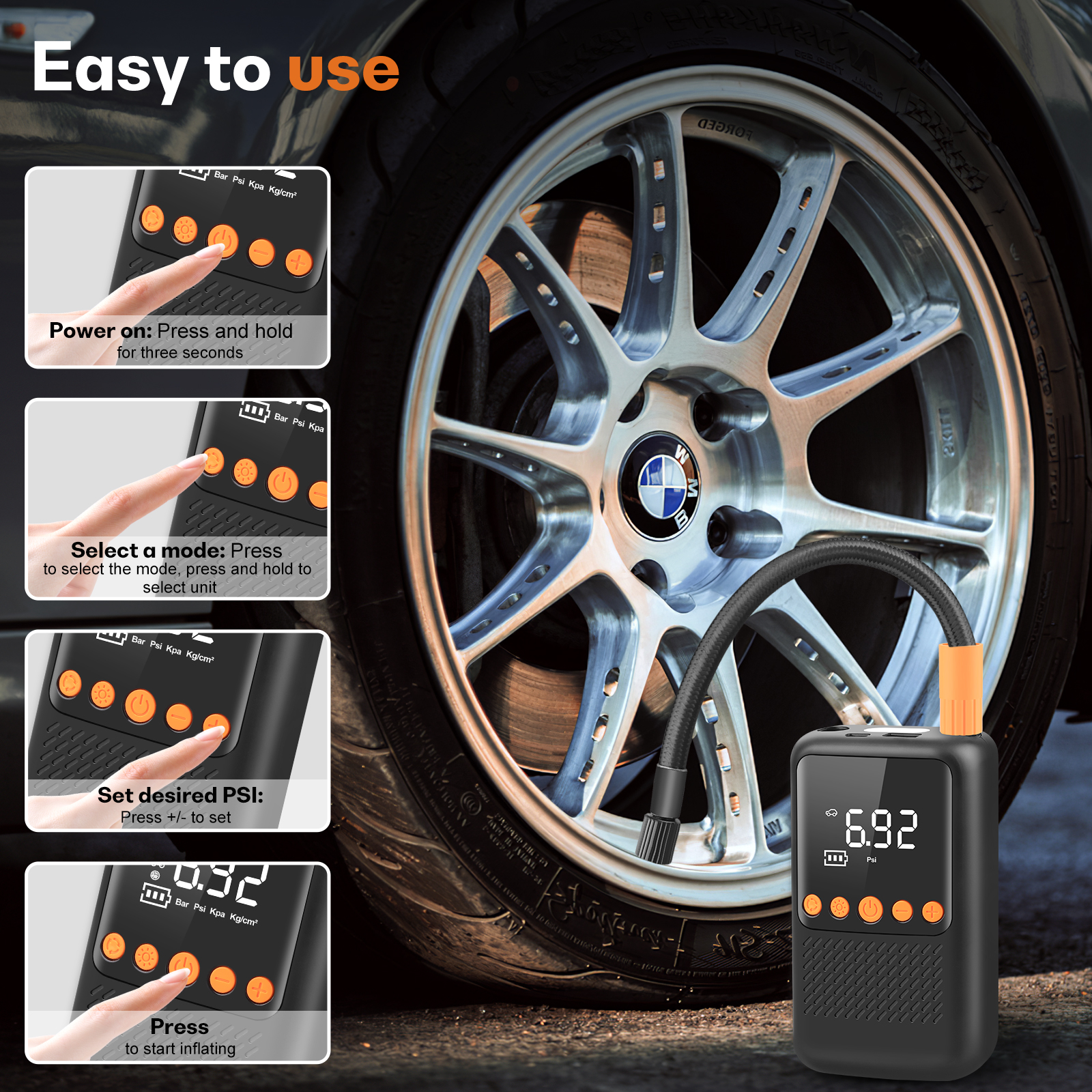 RONY Portable Cordless Tire Inflator with Auto Shutoff Digital Pressure Gauge - Electric Air Pump for Car Tire Bike Ball - 150 PSI Car Tire Pump with 4 Nozzles