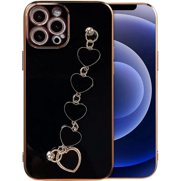 Compatible with iPhone 13 Pro Max Case 6.7 inch 2021 Release Luxury Plating Soft TPU Case with Love-Heart Strap Bracelet Chain Shiny Cute Pretty Protective Phone Cover for Women Grils Black