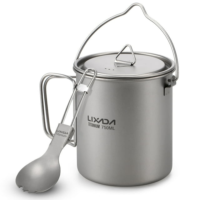 Lixada Pot Léger en Titane 750 ml avec Spork Pliable pour Camping, Randonnée, Backpacking, Pique-Nique en Plein Air
