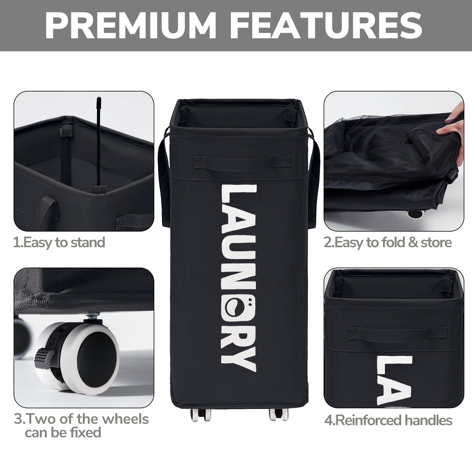 HiChen Laundry Hamper with Wheels, 75L Collapsible Rolling Laundry Basket with Removable Wash Bag, Foldable Clothes Organizer, Black