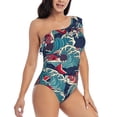 thumbnail image 3 of Sikiie Fish In The Wave Print Women One Piece Swimsuits Tummy Control One Shoulder Bathing Suits Ruffle Swimwear, From S to XXL-Medium, 3 of 6