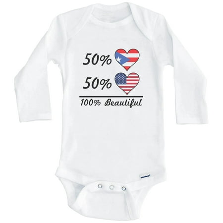 

50% Puerto Rican 50% American 100% Beautiful Puerto Rico Flag Heart One Piece Baby Bodysuit (Long Sleeve) 3-6 Months White