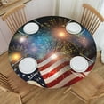 thumbnail image 3 of Fireworks Us Flag Fitted Tablecloth Round with Elastic Edged, Waterproof Wipe Clean Table Cover for Outdoor Indoor Patio Kitchen - Fits Tables 45" to 50" Diameter, 3 of 9