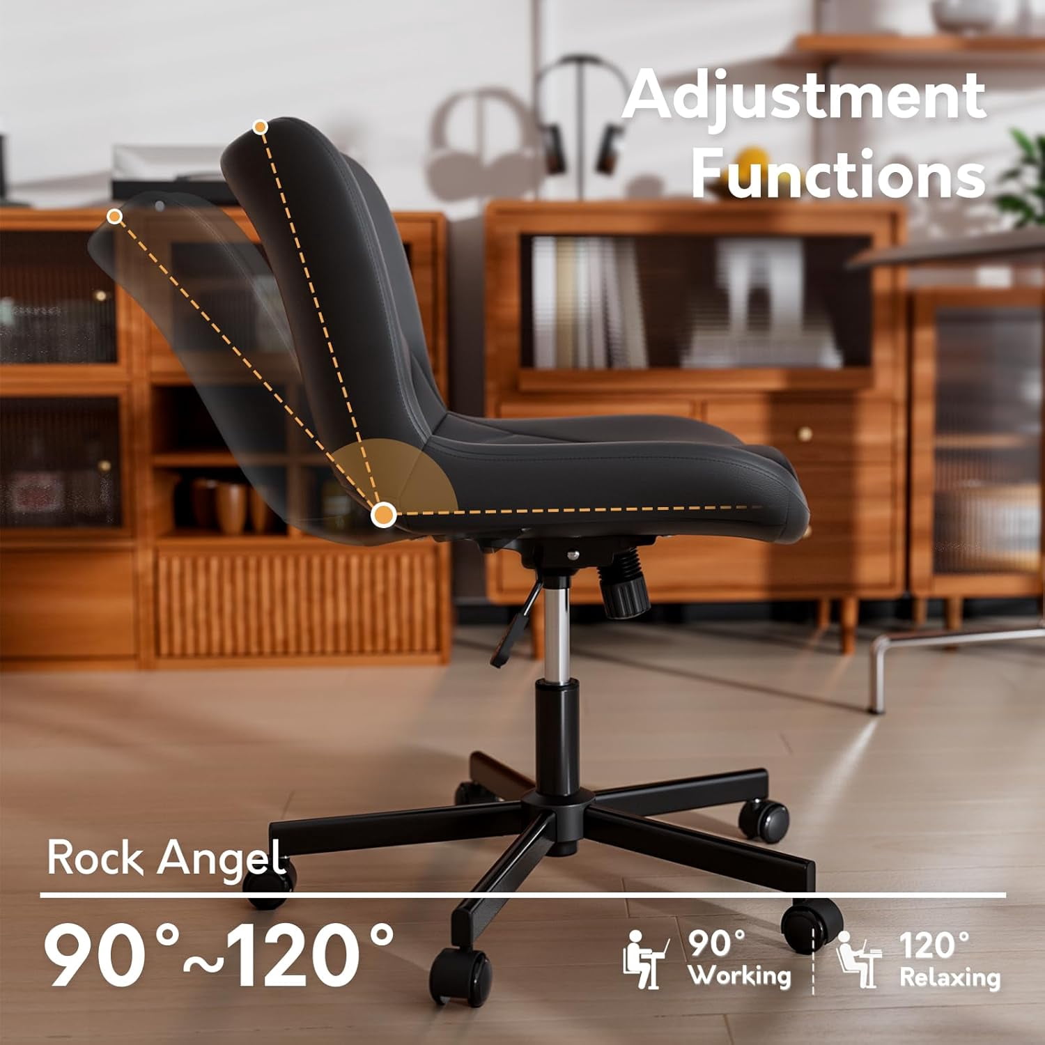 HomeZeer Space Saving Armless Office Chair with Wheels, Adjustable Height PU Leather Swivel Computer Task Chair, Soft Padded Mid Back Vanity Chair Design for Home Office & Small Spaces, Black