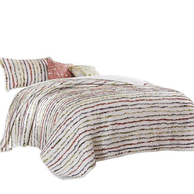 Benjara BM226427 Cotton Quilt Set with Sewn Floral Ruffles, Multi Color - Twin Size - 4 Piece