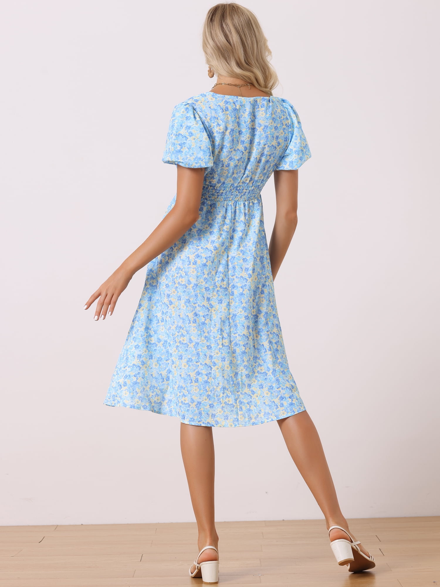Unique Bargains Women's Floral V Neck Puff Sleeves Casual Smocked Waist Dress M Blue