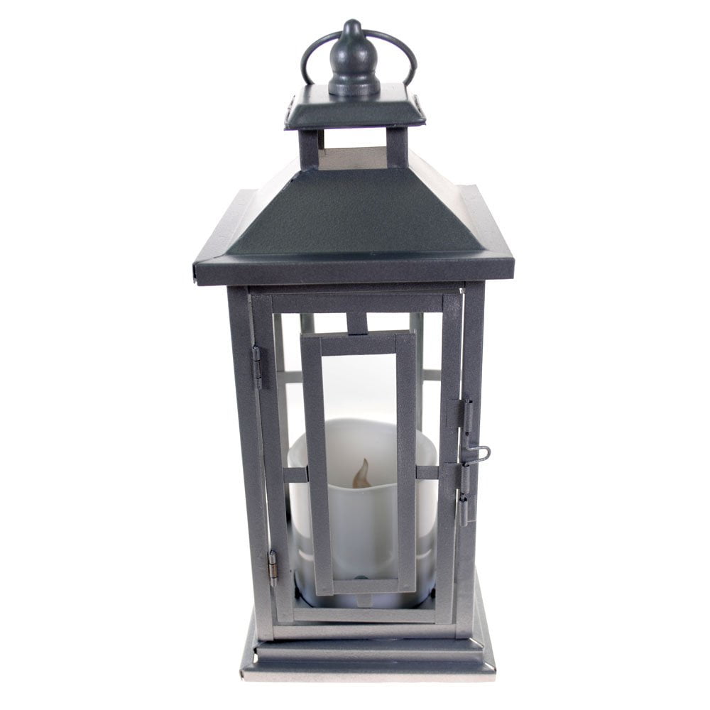 Large Glossy Black Metal Lantern Glass Panels Centerpiece Pillar Candle Lamp 