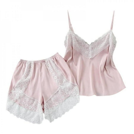 

Promotion！Women s Pajamas Set Spaghetti Strap Lace Trim Pajamas Set Silk Satin Pajamas Set Sling Simulation Silk Pajamas