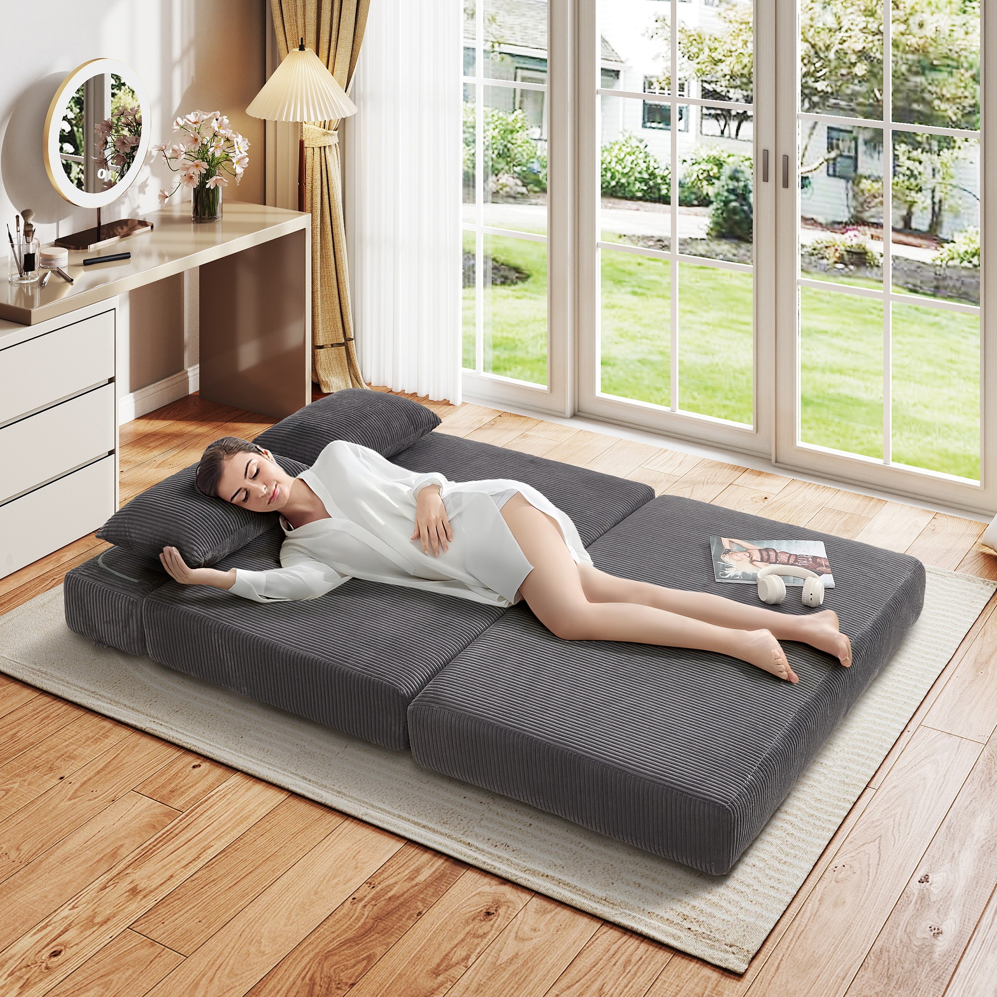 Aukfa Full Size Folding Sofa Bed, Loveseat Sleeper, Corduroy Convertible Floor Couch Mattress for Living Room, Dorm, Guest Room, Gray