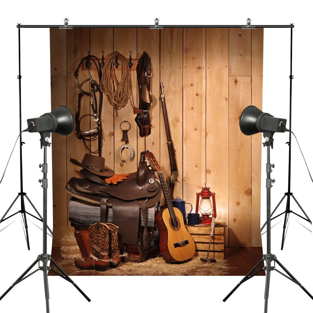 CdHBH Western Countryside Background 5x7ft Old Barn West Cowboy Backdrop Black Boots Farm Tools Old Lantern Gloomy Stripes Wood Board Photography Background Kids Adults Photo Studio Props