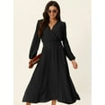 thumbnail image 3 of Unique Bargains Women's Long Puff Sleeve Flowy Ruffle Pleated Dress with Belt S Black, 3 of 6