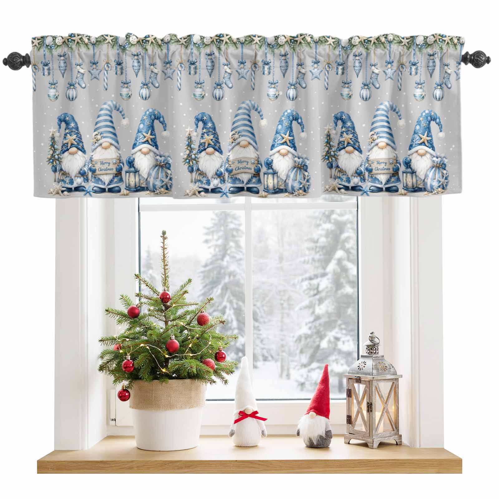 Christmas Winter Valance Curtain Rustic Blue Gnome Hanging Baubles Star Ornaments Window Valances Rod Pocket Short Curtains Window Treatments for Kitchen Bedroom Bathroom Laundry 56 x 16