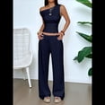 thumbnail image 4 of Conjuntos de Dos Piezas para Mujer, Top Corto Informal de un Solo Hombro, Pantalones Anchos y Conjuntos Y2K A Juego. Azul Marino L, 4 of 7