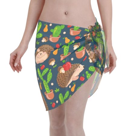Coaee Cute Hedgehogs Cactus Blue Women s Short Sarongs Beach Wrap Sheer Bikini Wraps Chiffon Cover Ups for Beach  Swimming  Holiday