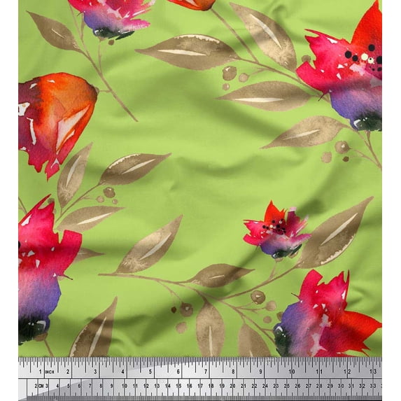 Soimoi Rayon Fabric Flower & Leaves Watercolor Decor Fabric Printed Yard 56 Inch Wide