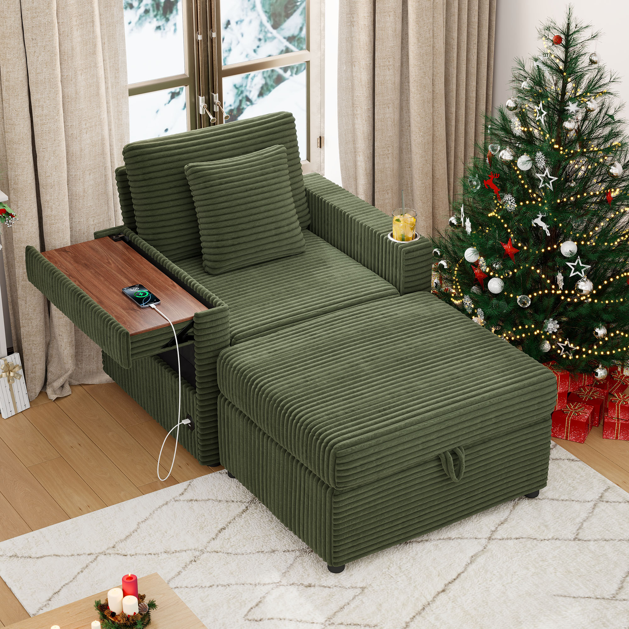 Lunale Accent Chair with Storage Ottoman, Indoor Lounge Chair with USB & Table Board, Cozy Corduroy Sofa Armchair for Living Room, Green