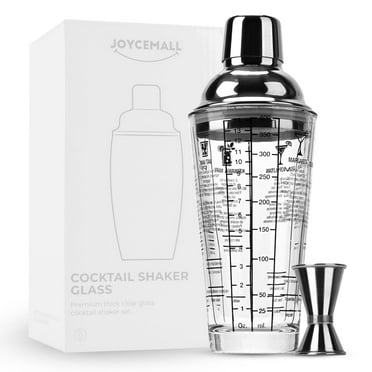 Glass Cocktail Shaker with Recipes on Side, JOYCEMALL 14 Ounces Crystal Martini Mocktail Making Glass with Dual Sided Jigger & Leakproof Metallic Steel Lid & Strainer for Whisky Vodka Tequila Brandy
