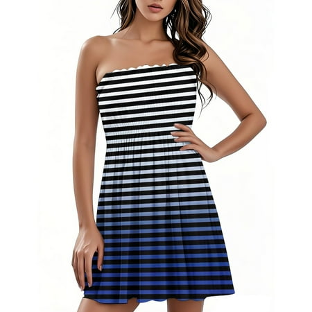 OAMDNDEA Beach Dresses for Women Stripe Print Sleeveless Beach Coverups Summer Strapless Sun Dresses Plus Size Cute Off the Shoulder Tube Top Dress Beach Vacation Clothes Sky Blue M