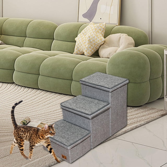 Escalera para Perros Escalera Plegable Peldaños para Gatos de 3 Niveles con Cubierta Antiarañazos Y Almacenamiento Adecuada para Perros Pequeños Y Me Gris