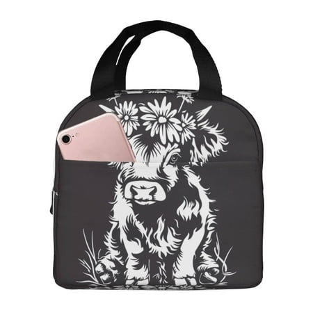 Insulated Lunch Bag for Women Men - Floral Cow Silhouette Leakproof Cooler Lunch Box for Women Men  Lunch Tote Bags for Work School Picnic Travel