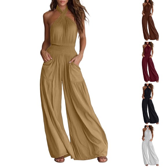 Aimik Womens Backless Jumpsuits Sleeveless Halter Ruched Waist Wide Leg Jumpsuits Summer Vacation Trendy One Piece Jumpsuit for Women