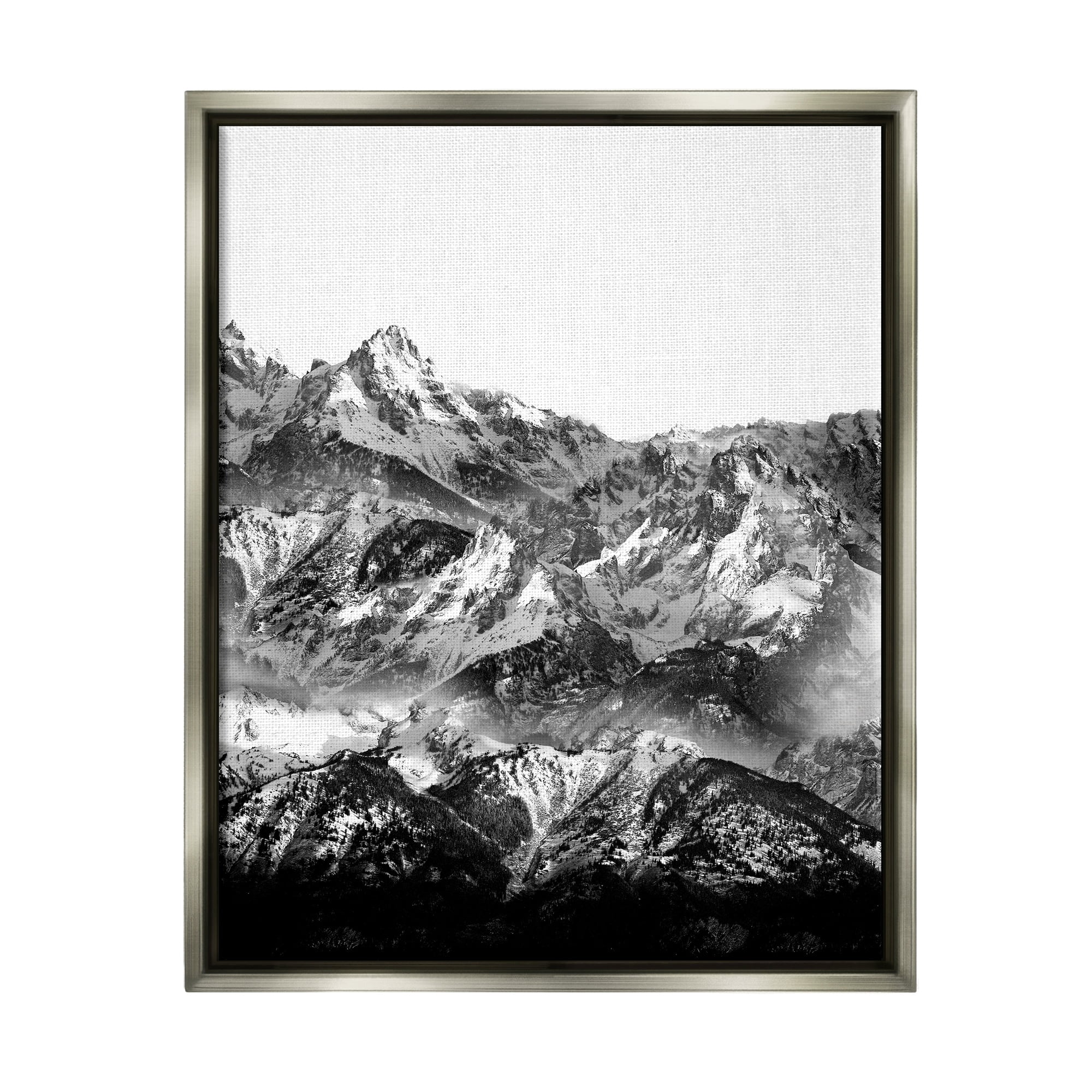 Stupell Industries Snow Cap Mountains High Contrast Black White Landscape Luster Gray Framed Floating Canvas Wall Art, 16x20, by Shelley Lake