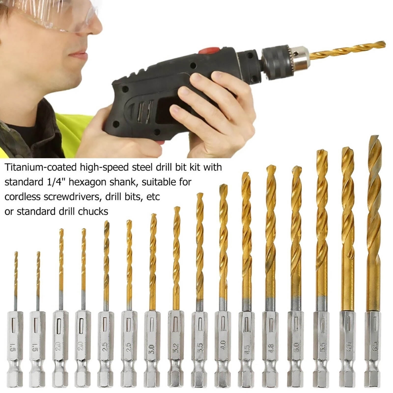 ARCADORA Titanium Coated HSS Drill Bit Set 135 Degree Split Point 1/4 Hex Shank For Metal Wood Plastic DIY Drilling