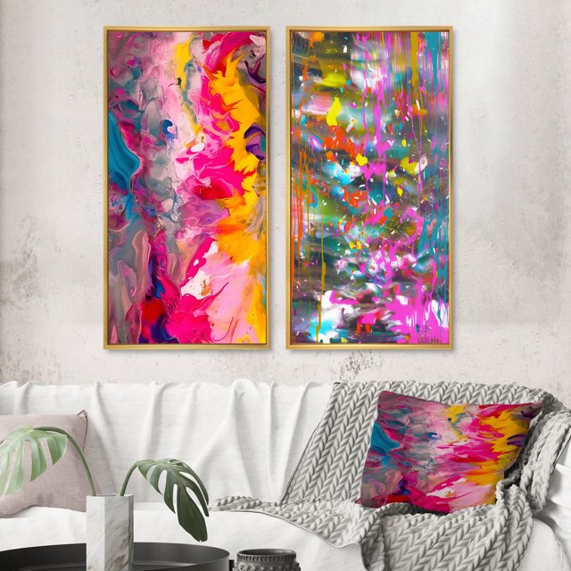 Designart "Expressionnisme Abstrait Rétro d'Été" Peinture Abstraite Encadrée Ensemble d'Art Mural de 2 - Ensemble d'Art Mural Encadré Moderne Rose de 2