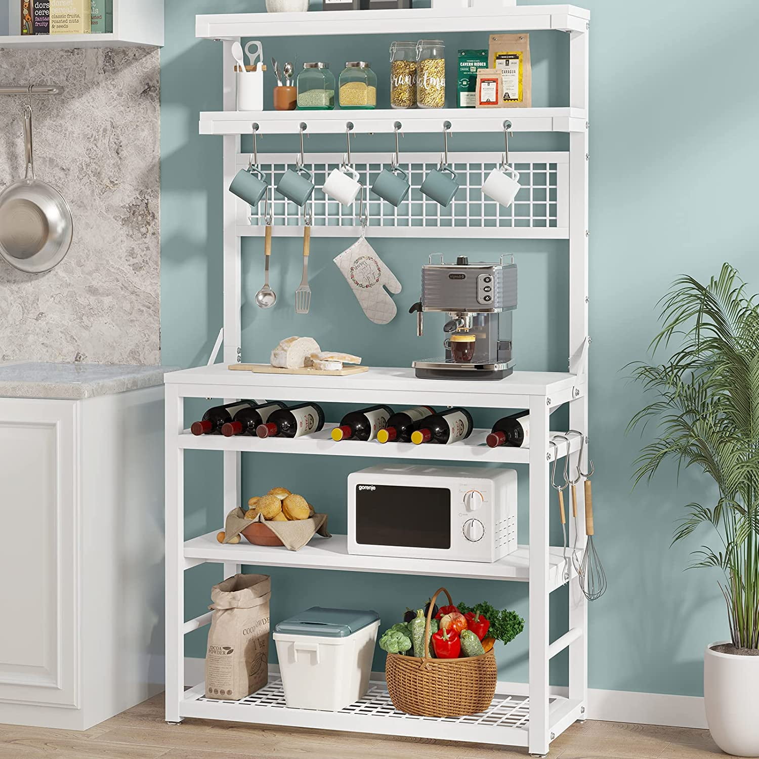 White Baker s Rack for Kitchens 6 Tier Industrial Bakers Racks Microwave Stand with Storage Shelf