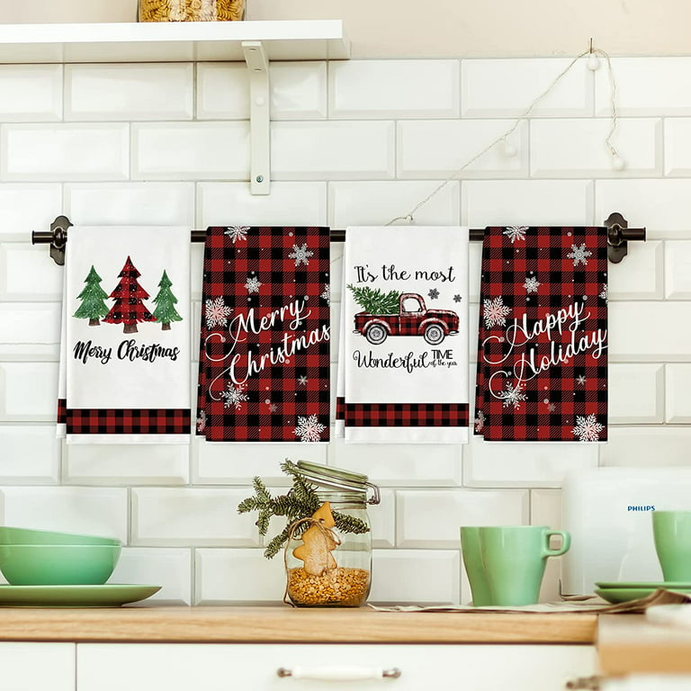 JOOCAR Christmas Kitchen Towel, Red Black Buffalo Plaid Santa
