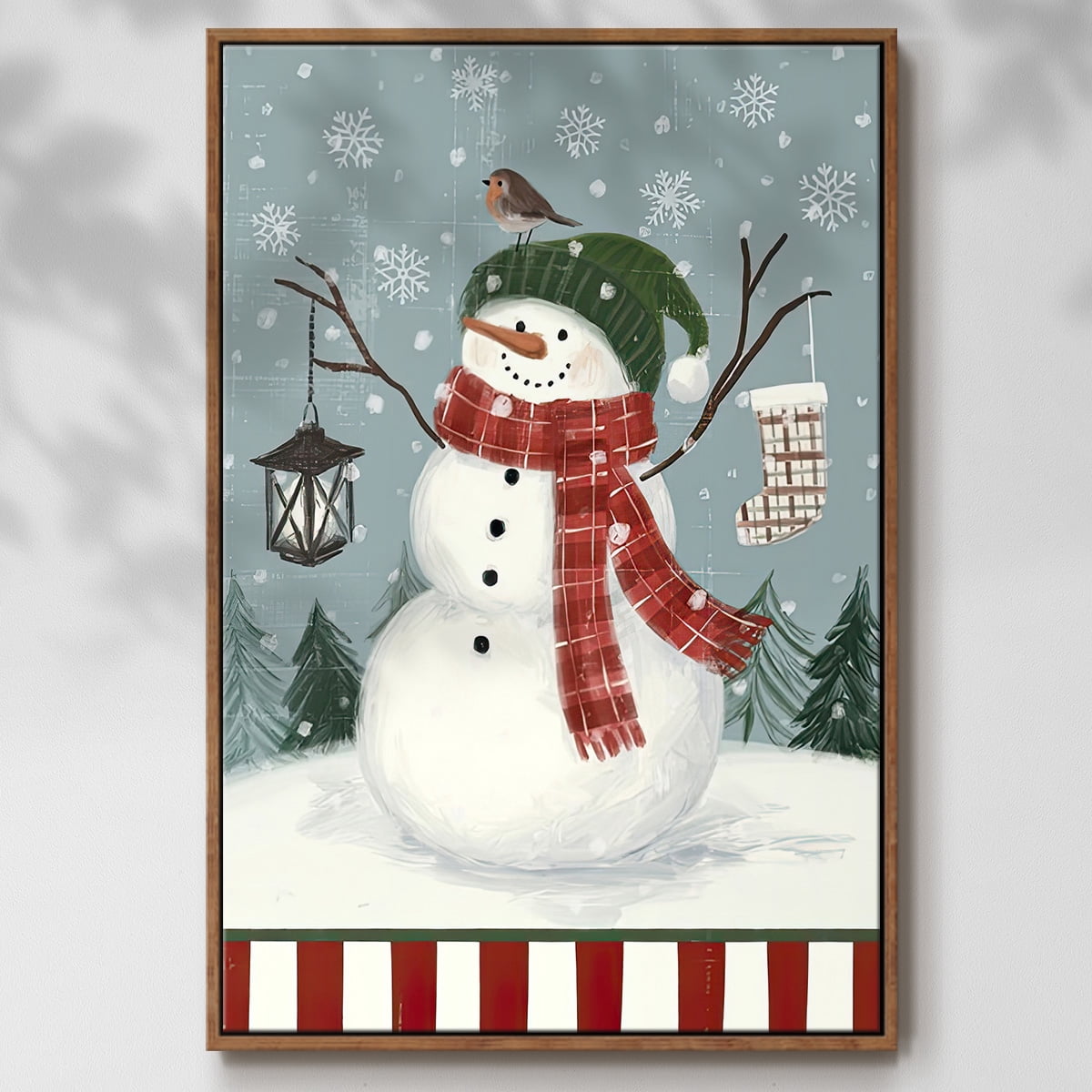 Jolly Snowman Collection B - Framed Gallery Wrapped Holiday Canvas - 17 x 25 - Rosewood Frame