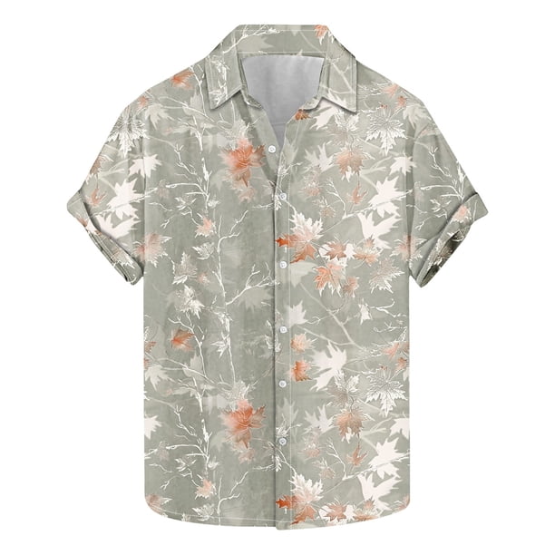 Blusa y camisa de manga corta con cuello vuelto para hombre, camisa informal de moda con estampado de hojas y solapa de manga corta, blusa para hombre