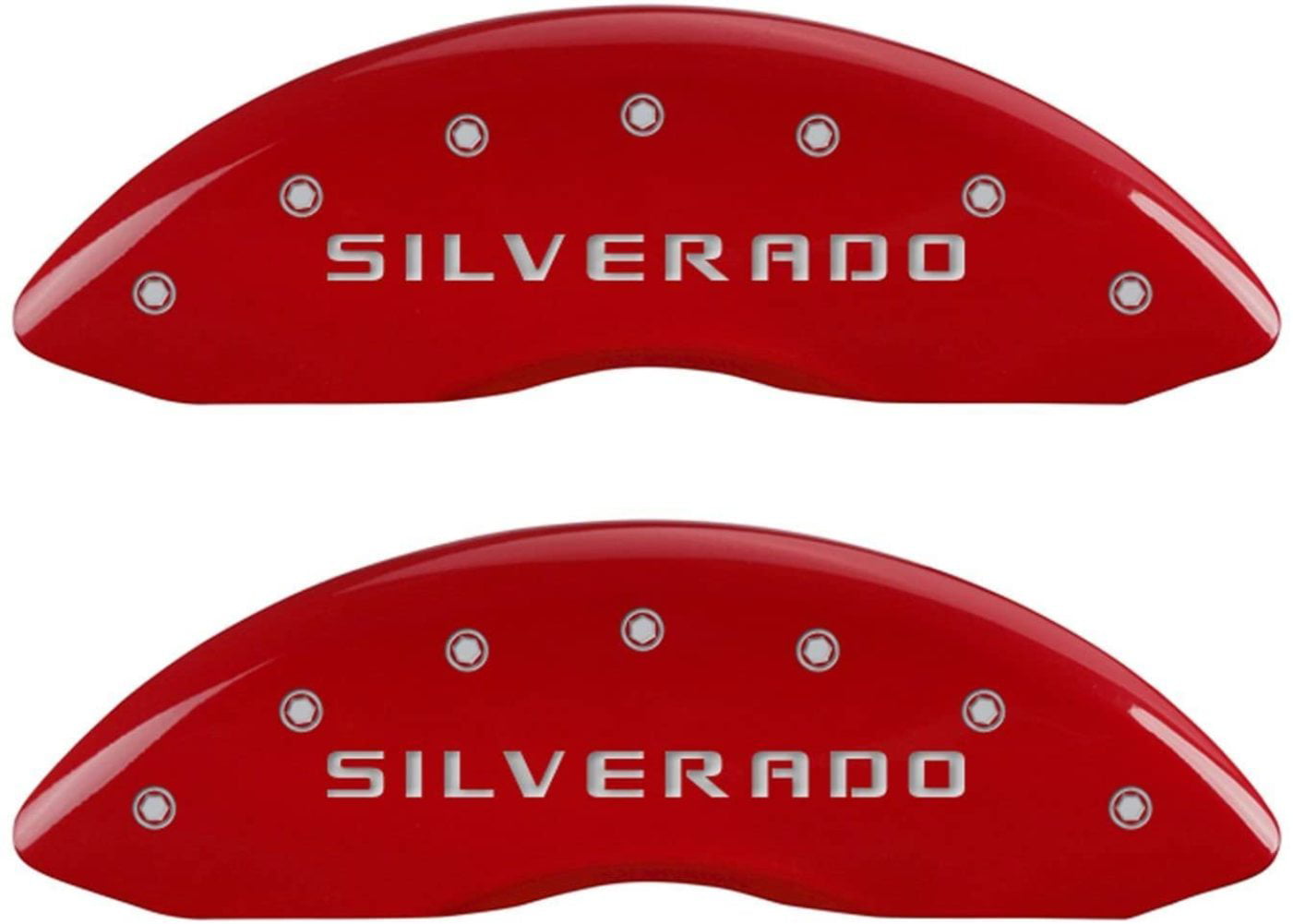 Set of 2 MGP Caliper Covers 14207FSILRD SILVERADO Engraved Caliper Cover with Red Powder Coat Finish and Silver Characters, 