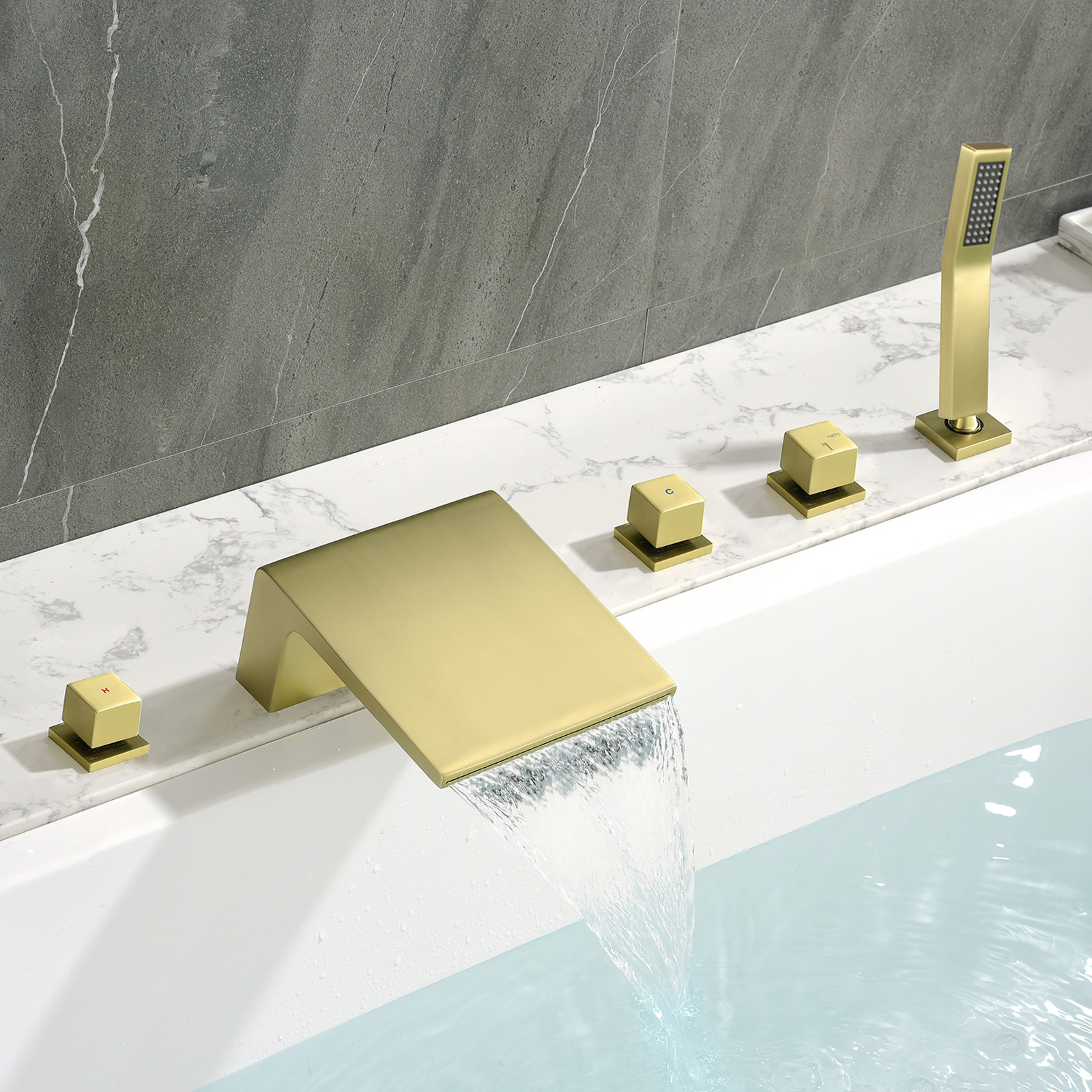 Cobbe 5-Hole Mount Bathroom Bathtub Fauce with 2 Switches, 1 Diverter Knob, 7.09-Inch Wide Tub Spout and Hand Shower Brushed Gold
